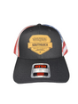 A black trucker hat with a curved brim, featuring a tan and black 'Southwick National' shield logo on the front. The back panels have a red, white, and blue striped pattern.